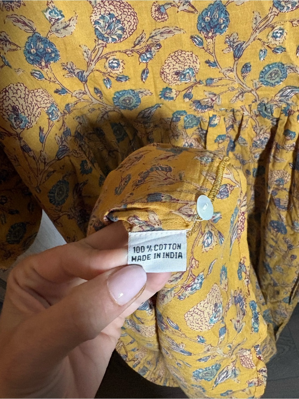 Golden Ochre Floral Block Print Empire Flowy Midi Dress European Effortless Boho - Picture 9 of 9